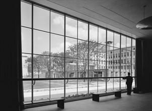 Man Looking Through Large Window in Acoustics Foyer, Bell Telephone Laboratories, Murray Hill, New Jersey, USA, Gottscho-Schleisner Collection, May 1942