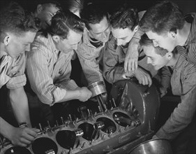 High School Boys and Instructors, Aircraft Construction Class during WWII, De Land, Florida, USA, Howard R. Hollem for Office of War Information, April 1942