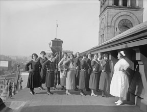 Female Post Office Clerks Doing Calisthenics on Rooftop, Washington DC, USA, National Photo Company, 1923