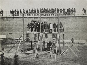 Hanging of Conspirators of Assassination of U.S. President, Abraham Lincoln, Arsenal Prison, Washington, DC, USA, by Alexander Gardner, July 7, 1865