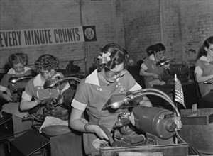 Group of Women Working with Machines at Drill and Tool Factory during World War II, Republic Drill and Tool Company, Chicago, Illinois, USA, Ann Rosener for Office of War Information, August 1942