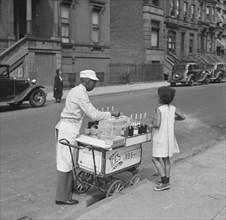Street Vendor Selling Shaved Ice to Young Girl, New York City, New York, USA, Jack Allison, Office of War Information, July 1938