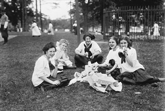 Teen Girls Having Lunch during Midsummer Day Festival, Pelham Bay Park, Bronx, New York, USA, Bain News Service, June 1911