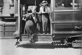 Two Women on Trolley Car, Broadway, New York City, New York, USA, Bain News Service, 1915