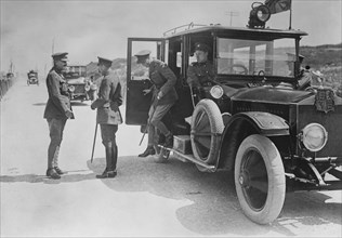 King George V and Edward VII, Prince of Wales, Leaving Car and Greeted by General Julian Byng as they arrive at Butte de Warlencourt near Le Sars, France during World War I, Bain News Service, July 13...
