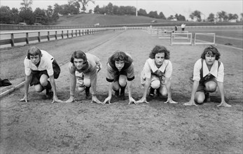 U.S. Female Track and Field Athletes, Elizabeth Stine, Camile Sabie, Maybelle Gilliland, Florieda Batson, Janet Snow, Portrait in Newark, New Jersey, USA, Prior to Participating in Women's World Games...
