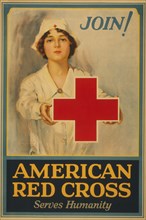 Red Cross Nurse Holding Red Cross, "Join! American Red Cross Serves Humanity", Membership Drive Poster during World War I, by Lawrence Wilbur, USA, 1917