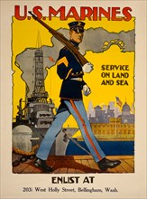 Marine Patrolling Dock with War Ship in Background, "U.S. Marines, Service on Land and Sea", World War I Recruitment Poster, by Sidney H. Riesenberg, USA, 1917