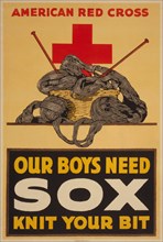 Basket of Wool and Knitting Needles, "American Red Cross, Our Boys Need Sox, Knit your Bits", World War I Poster, USA, 1918