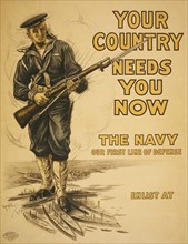Naval Officer with Rifle, "Your Country Needs you Now, The Navy, Our First Line of Defense", World War I Recruitment Poster, by Josef Pierre Nuyttens, USA, 1917