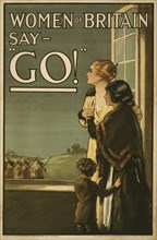 Two Women and Child looking out Window as Soldiers March Away, "Women of Britain say Go!", World War I Recruitment Poster, United Kingdom, 1915