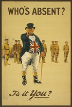 John Bull with Burning Buildings and Line of Soldiers in Background, "Who's Absent? Is it You?", World War I Recruitment Poster, United Kingdom, 1915