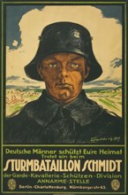 Portrait of Soldier, Encouraging German Men to Protect Country and Enlist in Storm Battalion Schmidt, World War I Recruitment Poster, Germany, 1917