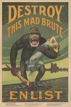 Terrifying Gorilla with Helmet Labeled "Militarism" Holding Bloody Club Labeled "Kultur" and Woman as he Stomps onto American Shore, "Destroy This Mad Brute, Enlist", World War I Recruitment Poster, b...