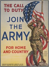 Soldier Blowing Bugle near American Flag, "The Call to Duty, Join the Army for Home and Country", World War I Recruitment Poster, USA, 1917