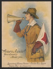Woman in Uniform Holding Megaphone and Flag, "Women Awake! Your Country Needs You, Learn to be of National Service - Join the Navy League", World War I Recruitment Poster, by Hazel Roberts, 1916