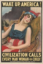 Portrait of Lady Liberty Sleeping, "Wake Up America!, Civilization Calls Every Man, Woman and Child!", World War I Recruitment Poster, by James Montgomery Flagg, USA, 1917