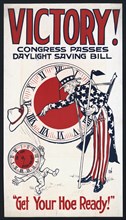 Uncle Sam Turning Clock Back, "Victory! Congress Passes Daylight Saving Bill, Get Your Hoe Ready!", Daylight Savings Poster during World War I, USA, 1918
