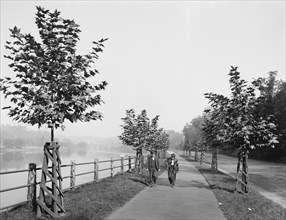 Two Men Walking Along River Drive, Fairmount Park, Philadelphia, Pennsylvania, USA, Detroit Publishing Company, 1905