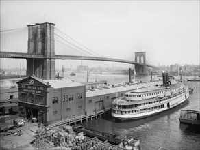 Ferry Boat and Brooklyn Bridge, New York City, New York, USA, Detroit Publishing Company, 1905