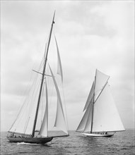 Shamrock II and Columbia, Maneuvering for Start of America's Cup Race, New York Harbor, USA, Detroit Publishing Company, October 1901