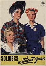 Portrait of Three Women Working for the War Effort, "Soldiers without Guns", U.S. Army World War II Poster, by Adolph Treidler, USA, 1944
