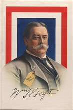 William Howard Taft, Head and Shoulders Portrait against Red, White and Blue Background, "Good Times" Printed on Label attached to his Coat, U.S. Presidential Election, USA, Chromolithograph, 1908