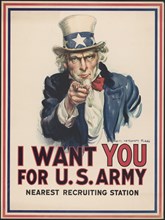 Uncle Sam Pointing Finger, "I Want You for U.S. Army", World War I Recruitment Poster, by James Montgomery Flagg, USA, 1917