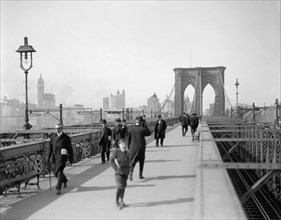 Pedestrians Walking Across Brooklyn Bridge, New York City, New York, USA, Detroit Publishing Company, 1905