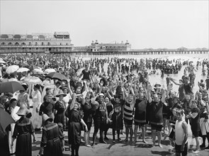 Crowd with Hands up on Beach, Atlantic City, New Jersey, USA, Detroit Publishing Company, 1910
