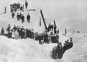 Group of Students around Snow-covered School Building, Valdez, Alaska, 1910