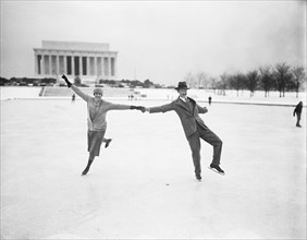 Couple Ice Skating at Tidal Basin, Washington DC, USA, Harris & Ewing, January 1930