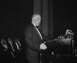 U.S. President Franklin Roosevelt giving speech to Eighth American Scientific Congress Following German Invasion of Belgium, Constitutional Hall, Washington DC, USA, Harris & Ewing, May 10, 1940