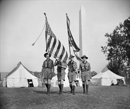 Four Marching Boy Scouts during National Jamboree with Washington Memorial in Background, Washington DC, USA, Harris & Ewing, 1937
