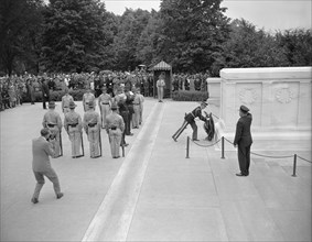 President Franklin Roosevelt's Wreath being Placed by Major Horace B. Smith at Tomb of Unknown Soldier on Memorial Day, Arlington National Cemetery, Arlington, Virginia, USA, Harris & Ewing, May 30, 1...