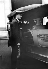 Franklin Roosevelt, Assistant Secretary of the Navy, Portrait getting into Car, Washington DC, USA, Harris & Ewing, 1915