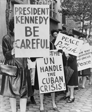 Group of Women from Women Strike for Peace Holding Signs relating to Cuban Missile Crisis and Peace, New York City, New York, USA, 1962