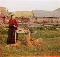 Peasant Woman Breaking Flax, Perm Province, Russian Empire, Prokudin-Gorskii Collection, 1910