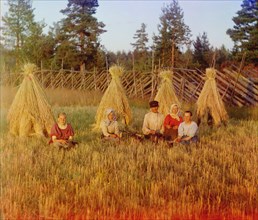 Family Sitting in Front of Haystacks in Hay Field during Harvest, Volga-Baltic Waterway Region, Russia, Prokudin-Gorskii Collection, 1909