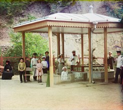 Group of People at Spa Gazebo, Some Drinking Mineral Water, Borjomi, Georgia, Russian Empire, Prokudin-Gorskii Collection, 1910
