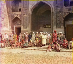 Portrait of a Group of Men and Boys in Front of Mosque, Samarkand, Uzbekistan, Russian Empire, Prokudin-Gorskii Collection, 1910