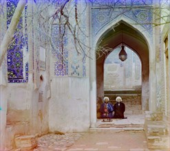 Portrait of Two Men Seated under Arch, Shah-i-Zinda Mausoleum Complex, Sarmakand, Uzbekistan, Russian Empire, Prokudin-Gorskii Collection, 1910