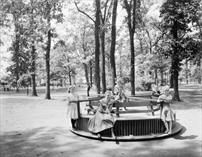 Group of Young Girls on Merry-go-round, Clark Park, Detroit, Michigan, USA, Detroit Publishing Company, early 1900's