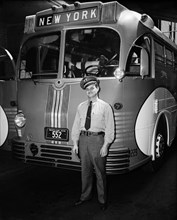 Greyhound Lines Bus Driver Standing next to Bus Headed for New York, Harris & Ewing, 1937