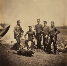 British Officers of 57th (West Middlesex) Regiment of Foot, Full-length Portrait in Uniforms with Dog, Military Tent in Background, Crimean War, Crimea, Ukraine, by Roger Fenton, 1855