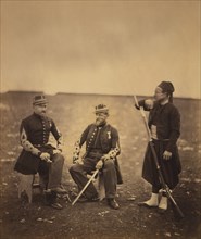 Two French Officers, Seated, and Zouave, Standing with Arm Resting on Rifle, Crimean War, Crimea, Ukraine, by Roger Fenton, 1855