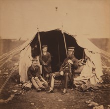 British Colonel Studholme Brownrigg with two Captured Russian Boys, Portrait at Entrance to Tent, Crimean War, Crimea, Ukraine, by Roger Fenton, 1855