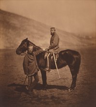 British Captain Edward Phillips and Lieutenant Yates of the 8th Hussars, Full-Length Portrait with Horse, Portrait, Crimean War, Crimea, Ukraine, by Roger Fenton, 1855