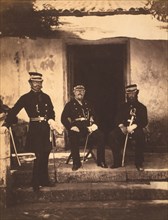 British Brigadier General Henry Frederick Lockyer (seated center, 97th Regiment of Foot, and Two Staff Members, Full-Length Portrait Wearing Uniforms in front of Building, Crimean War, Crimea, Ukraine...