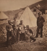 British Officers of the 71st Highlanders with Dog, Portrait near Conical Tent with Military Camp in Background, Crimean War, Crimea, Ukraine, by Roger Fenton, 1855